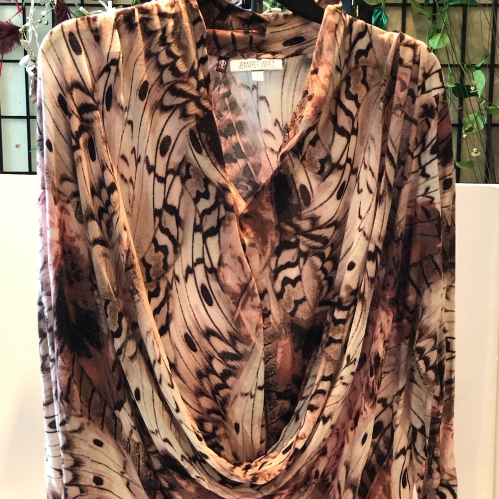 Jennifer Lopez Taupe and Brown Feather-Print Cowl Neck Blouse